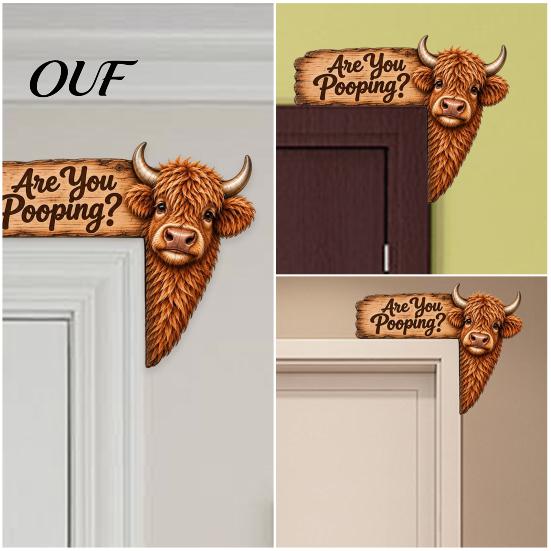 Cute Animal Door Ornament Funny Highland Cow Topper Sign, Are You Pooping Bathroom Decor, Farmhouse Style Accessories Peeking Corner for Restroom Home