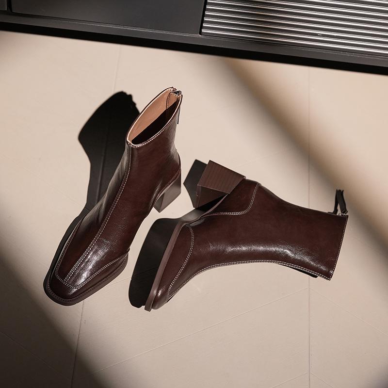 Retro Square Toe High Heel Ankle Boots for Women - Autumn/Winter Chunky Martin Boots In British Style, Red/Brown, 6CM Heel.