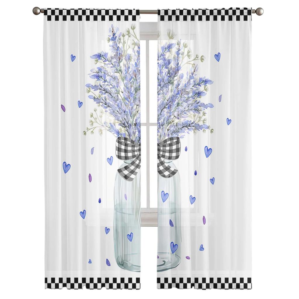 Lavender Flowers Watercolor Bottle Plaid Sheer Curtains For Living Room Bedroom Tulle Curtain For Kitchen Voile Blind Curtain