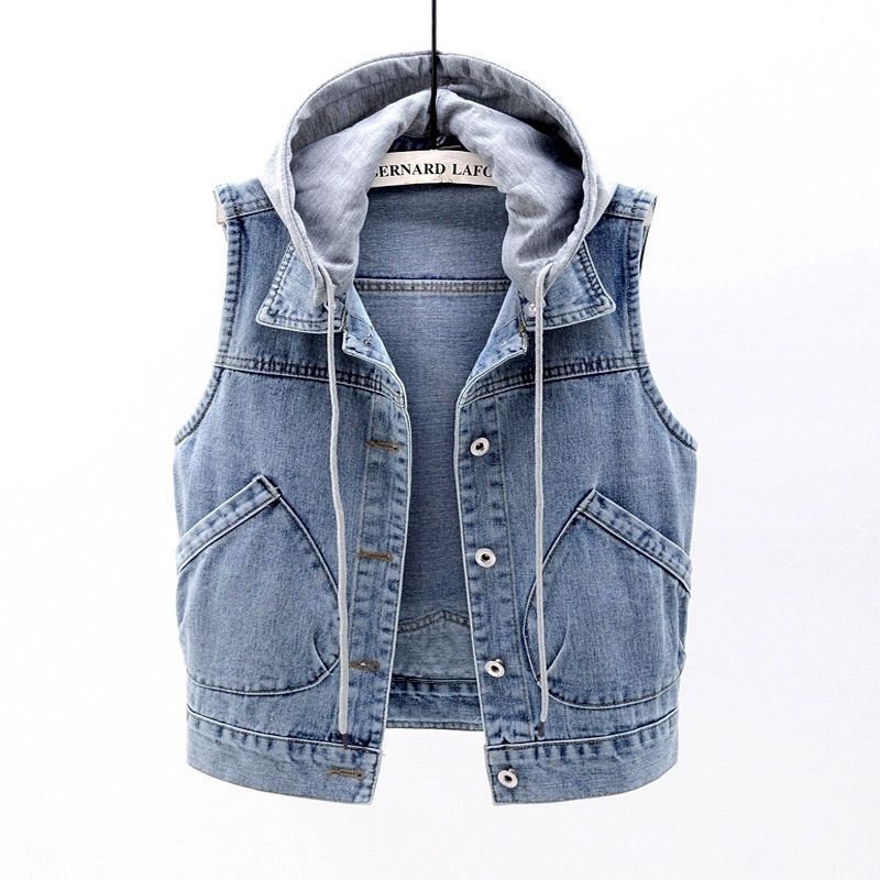 Giacca di Jeans con Cappuccio da Donna Moda Gilet Gilet Corto da Donna Cappotto Senza Maniche