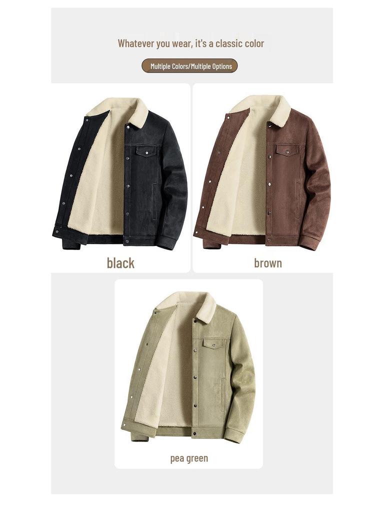 Men's American Retro Suede Plush Top Coat - Casual Winter Jacket with Extra Velvet and Thickness.