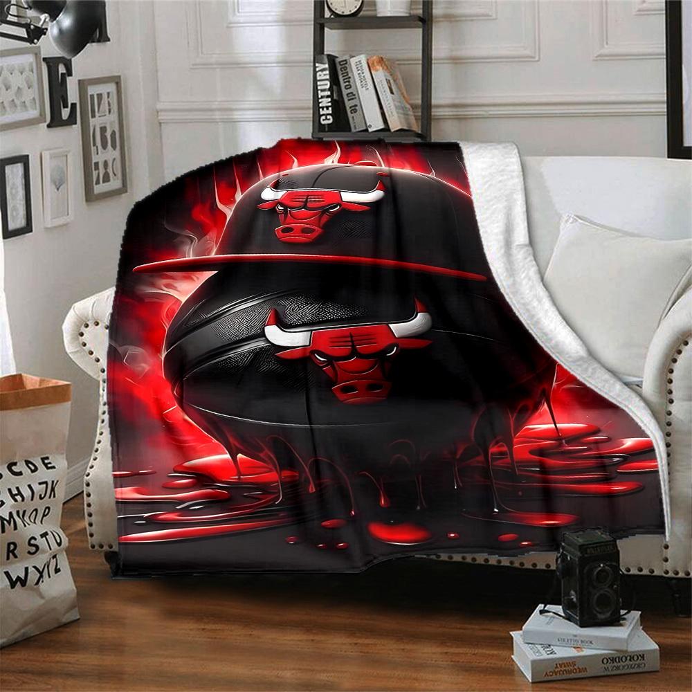 1pc Bulls Cap Basketball Cozy Print Blanket Lightweight Warm Flannel Throw Blanket For Sofa, Bed, Living Room