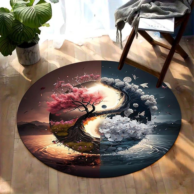 

Cherry Blossom Mountain View Flannel-printed round floor mats are slip-resistant Suitable for living room terrace garden carpets 60cm x 60cm