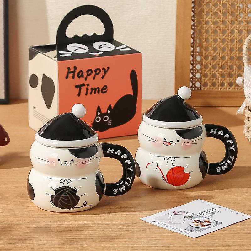 Cat Cup Ceramic High Looking Mug with Lid Breakfast Coffee Cup Creative Water Cup for Girls Birthday Gift