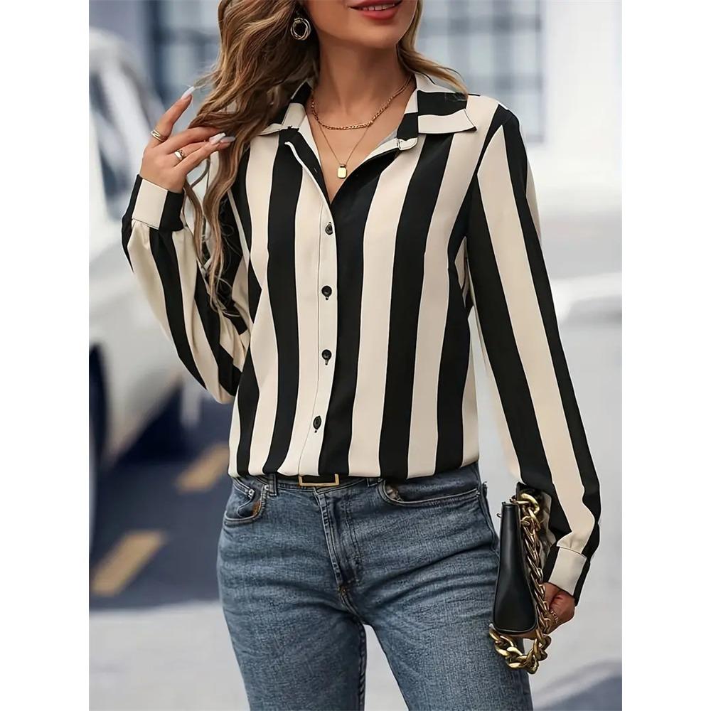 2024 Elegant Black Striped Printed Long-sleeved Shirt For Women Fashion Lapel Button-down Shirt Temperament Office Cardigan