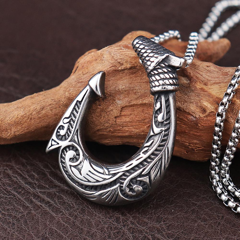 Vintage Fischhaken Anhänger für Herren Beliebter Anhänger Edelstahl Wikinger Halsketten für Damen Punk Hip Hop Party Schmuck Zubehör