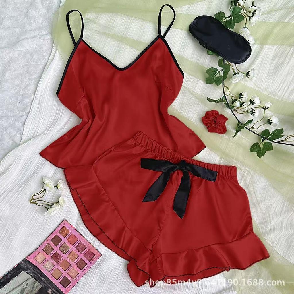 Women's Summer Silk Satin Pajama Set Sexy Camisole Shorts Loungewear Lightweight Breathable Sleepwear