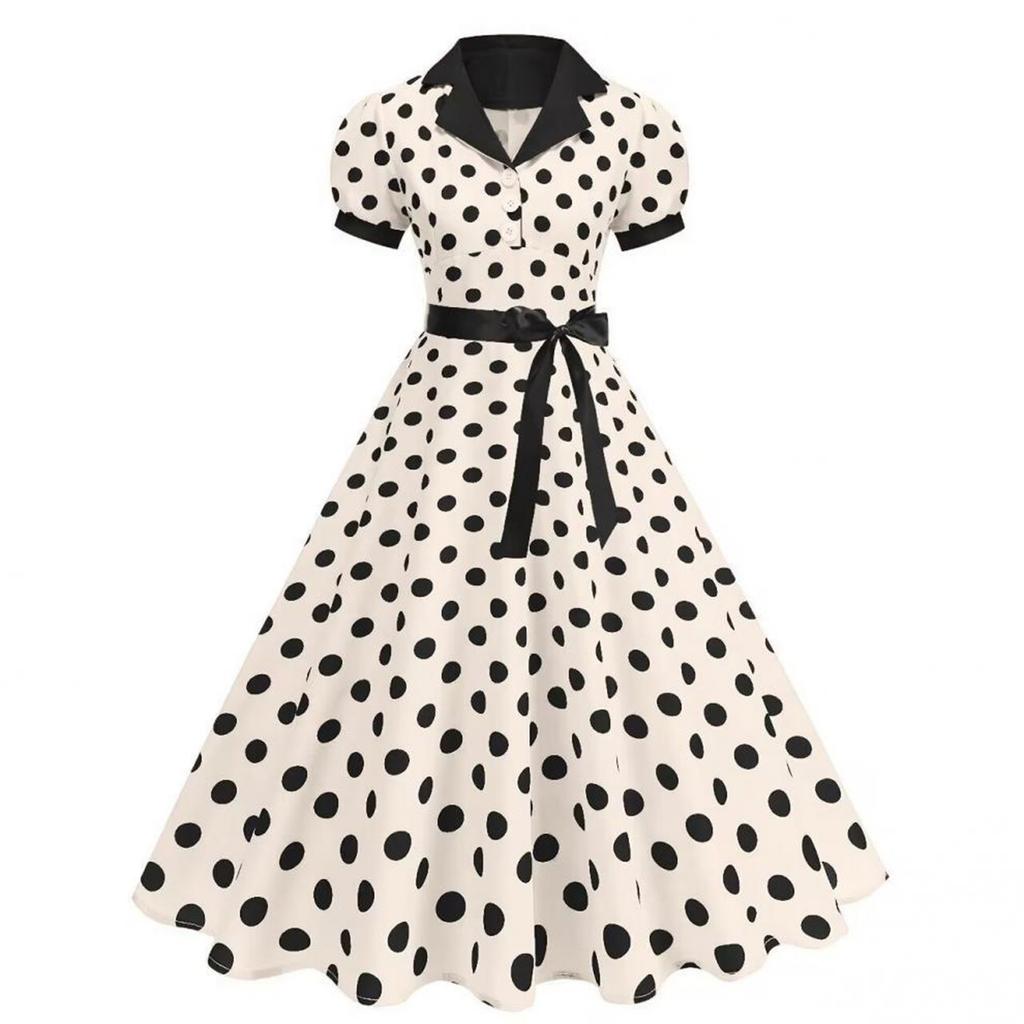 Dames Polkadot Shirtkraag Franse Retro Jurk