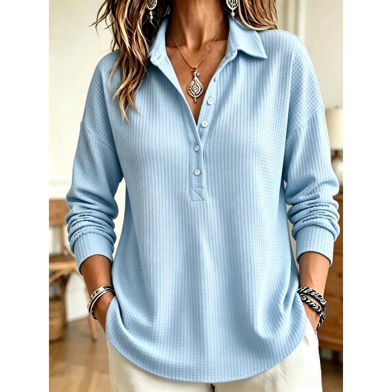 Damen S Waffelstrick Langarm Pullover T-Shirt Lässig Lockerer Schnitt