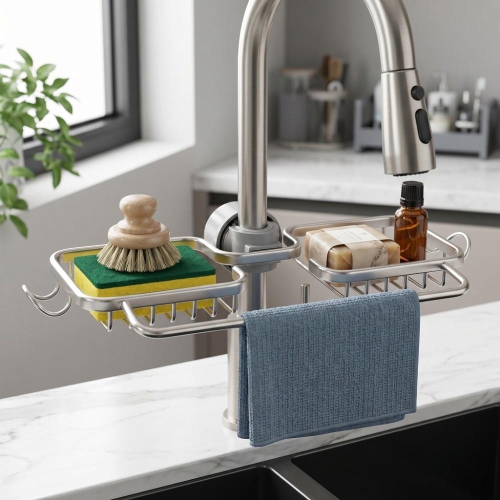 Adjustable Sink Shelf Aluminum Plastic Hanging Rack Durable Sink Organizer Rack  Dishcloth Drainer