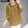 Solid Color Cotton and Linen Shirt for Women Round Neck Nine Quarter Sleeved Autumn and Summer New Plus Size Loose Top