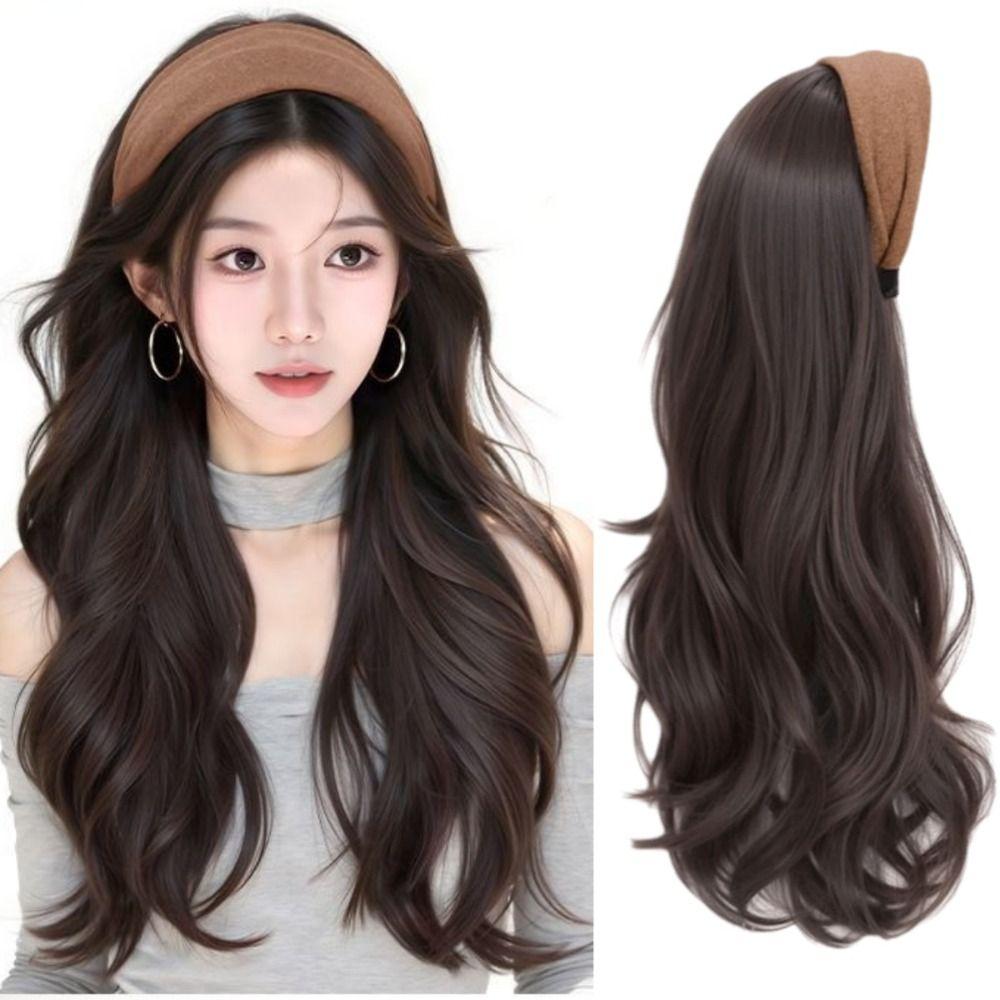 Hair Hoop Half Headband Wig Korean Style Long Wavy Curly  Hair Gray Wide Knit Headband Wig  Party