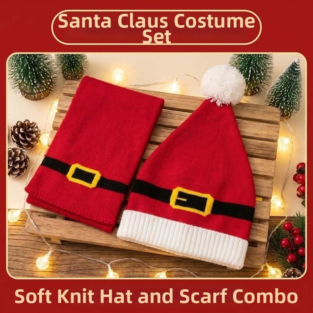 Plush Pom Christmas Hat Scarf Striped Pattern Santa Claus Beanie Knitted Holiday Scarf Party