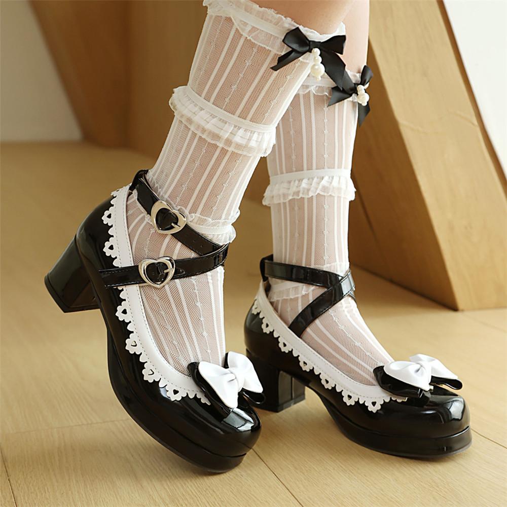 Fashion Girls Sweet Lolita Ruffles Bowknot Lace Bridal Wedding Shoes Women High Heels Bordered Princess Cosplay Party Pink Size 34-48