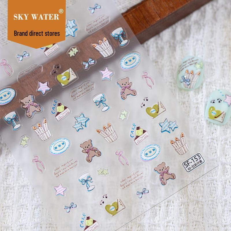 Sky Little Yellow Bear Cute Childlike Nail Art Stickers with Stars, Bows & CCD Camera Phone Jelly Stickers