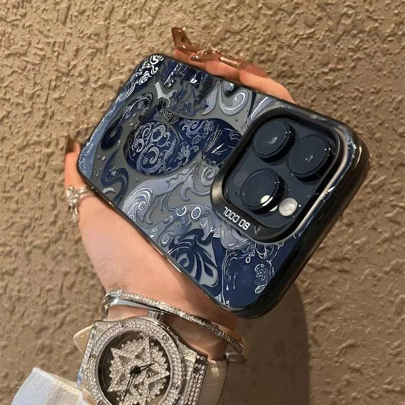 Electroplate Silver IMD Phone Case for IPhone 16 15 14 13 PRO MAX 11 12 13 PRO X XS XR 7 8 Plus Cute Blue and White Cat Cover
