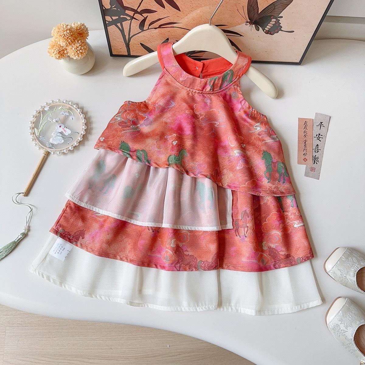 Summer Girls New Chinese Halter Vest Dress Floral Print Princess Vacation Dress For Kids 90cm