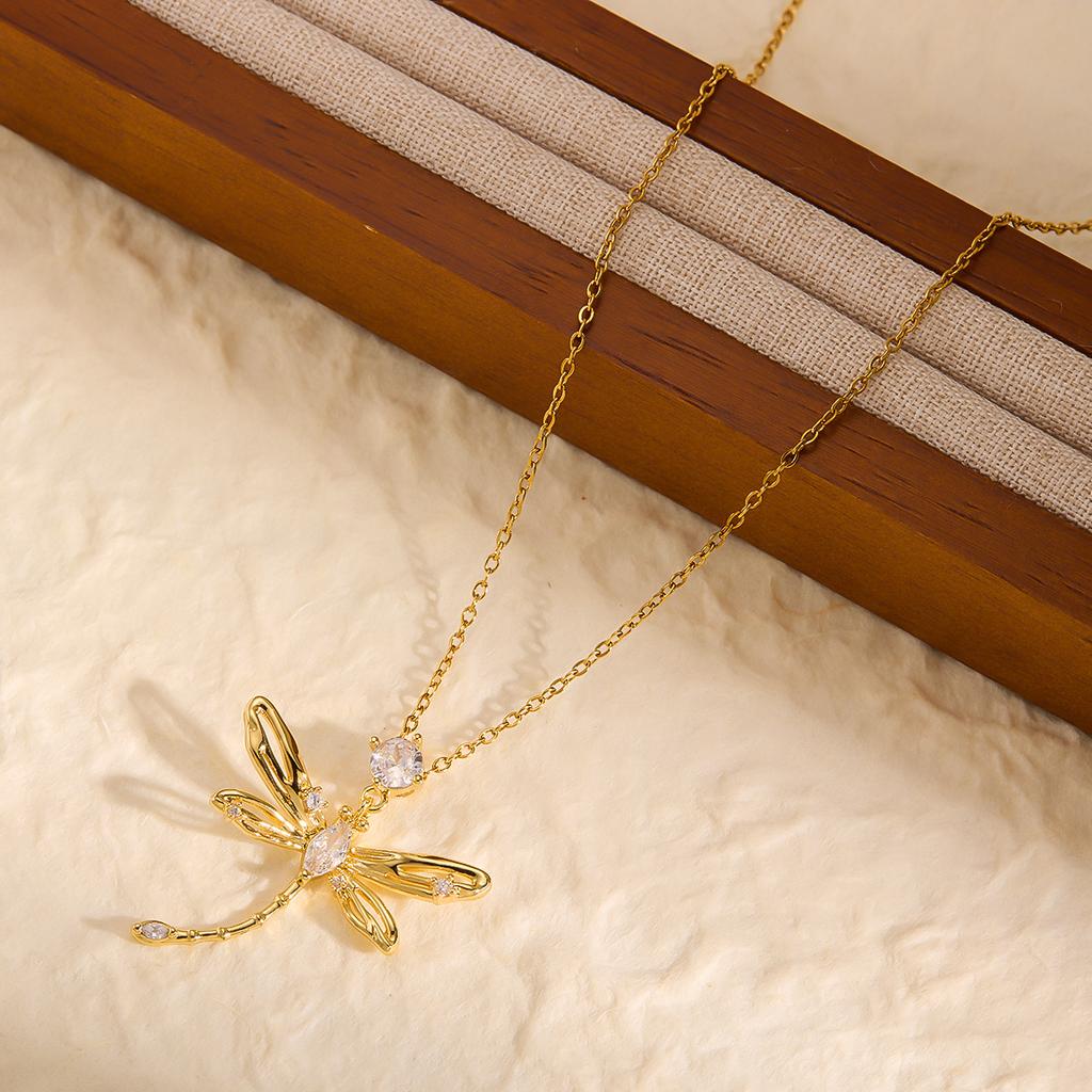 DIEYURO 316L Stainless Steel Hollowed Out Animal Dragonfly Zircon Pendant Necklace For Women New Trend Fashion Neck Jewelry Gift