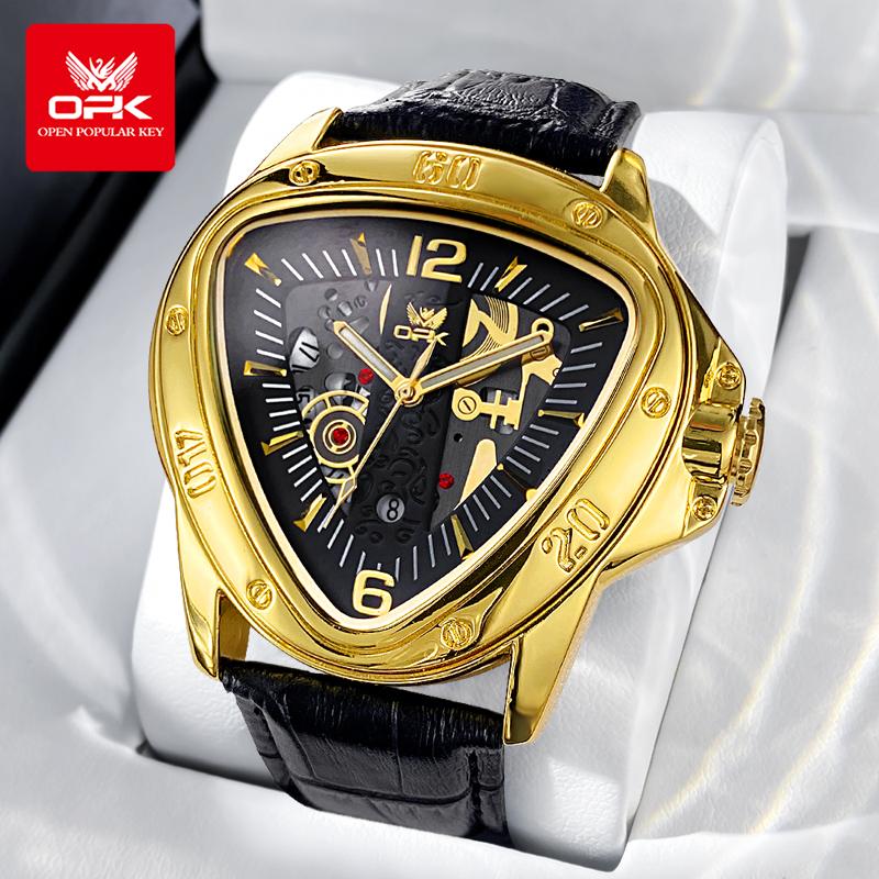 OPK Modny Oryginalny Zegarek Kwarcowy Dla Mężczyzn Luksusowa Trójkątna Tarcza Wodoodporny Luminescencyjny Skórzany Zegarek Dla Biznesmena