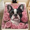 Boston Terrier and Roses Pattern Flannel Blanket, High Quality Comfortable for All Seasons, Home Decor, Warmth and Comfort, Perfect for Gifts.