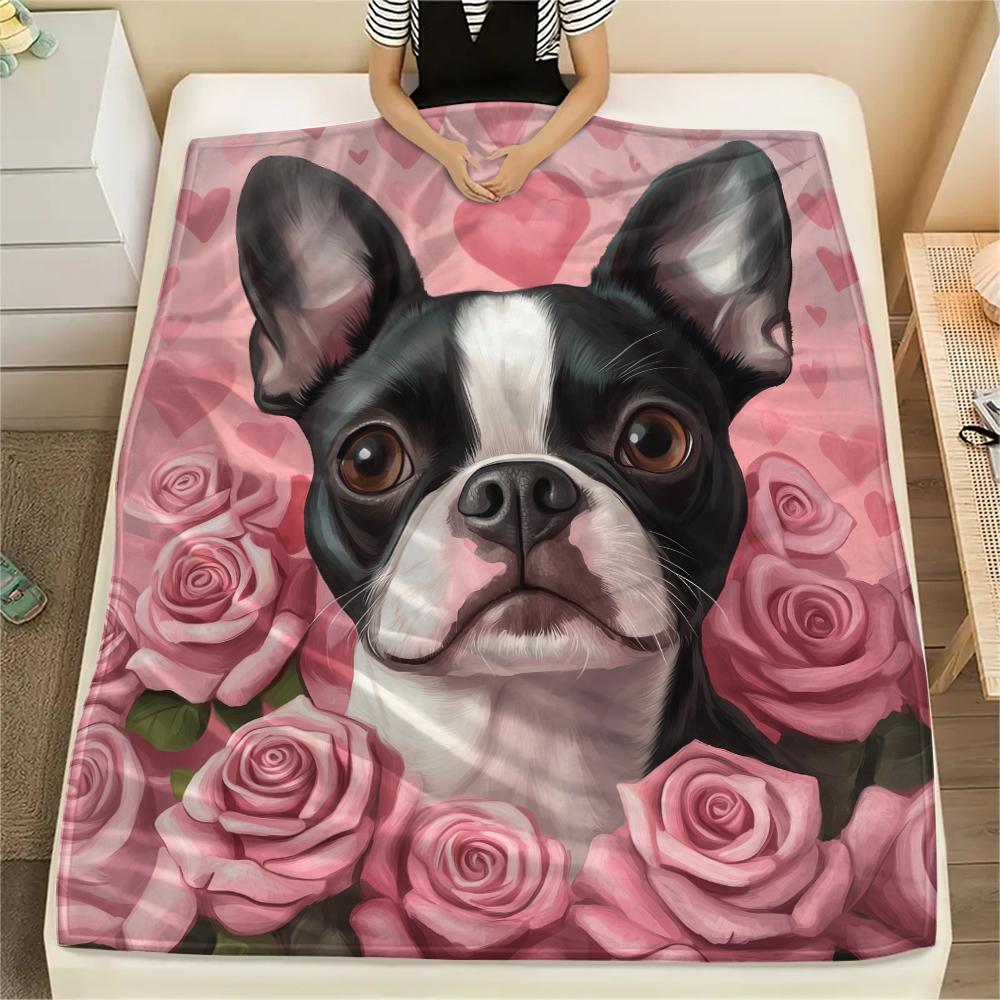 Boston Terrier and Roses Pattern Flannel Blanket, High Quality Comfortable for All Seasons, Home Decor, Warmth and Comfort, Perfect for Gifts.
