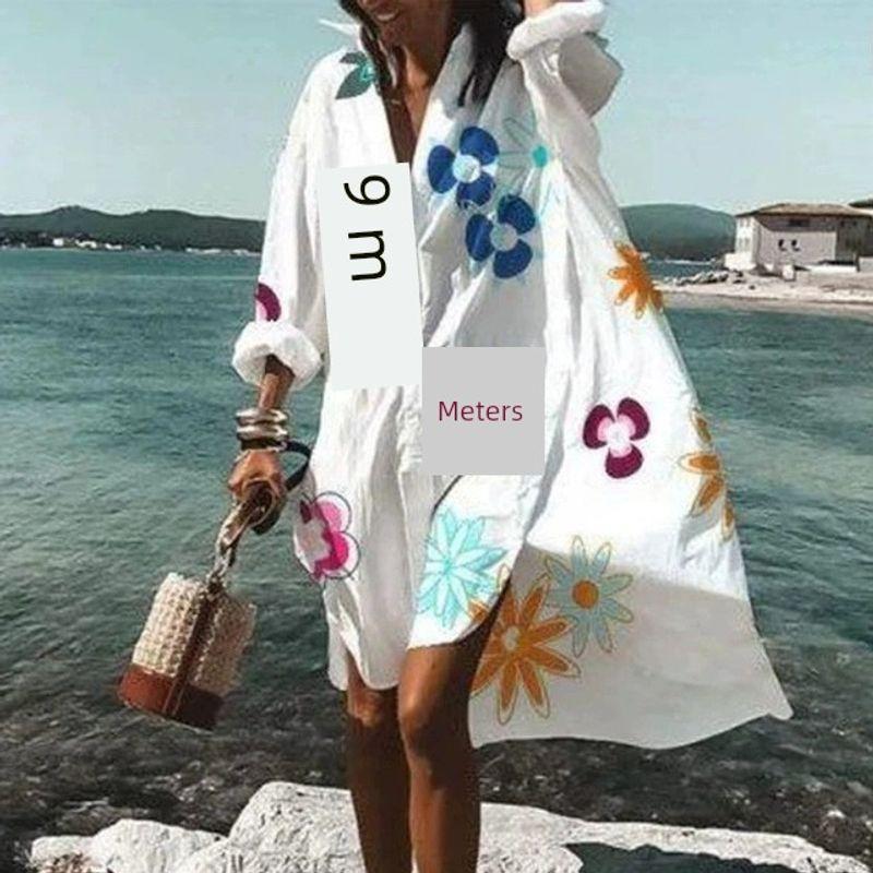 

Loose Lapel V-neck Printed Dress Loose Lapels V Neck Print Large Swing Dress Green XL