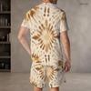 Men Plus Size Round Neck Short Sleeve Yellow Brown Red Printed Tie Dye Two Piece Shorts Set