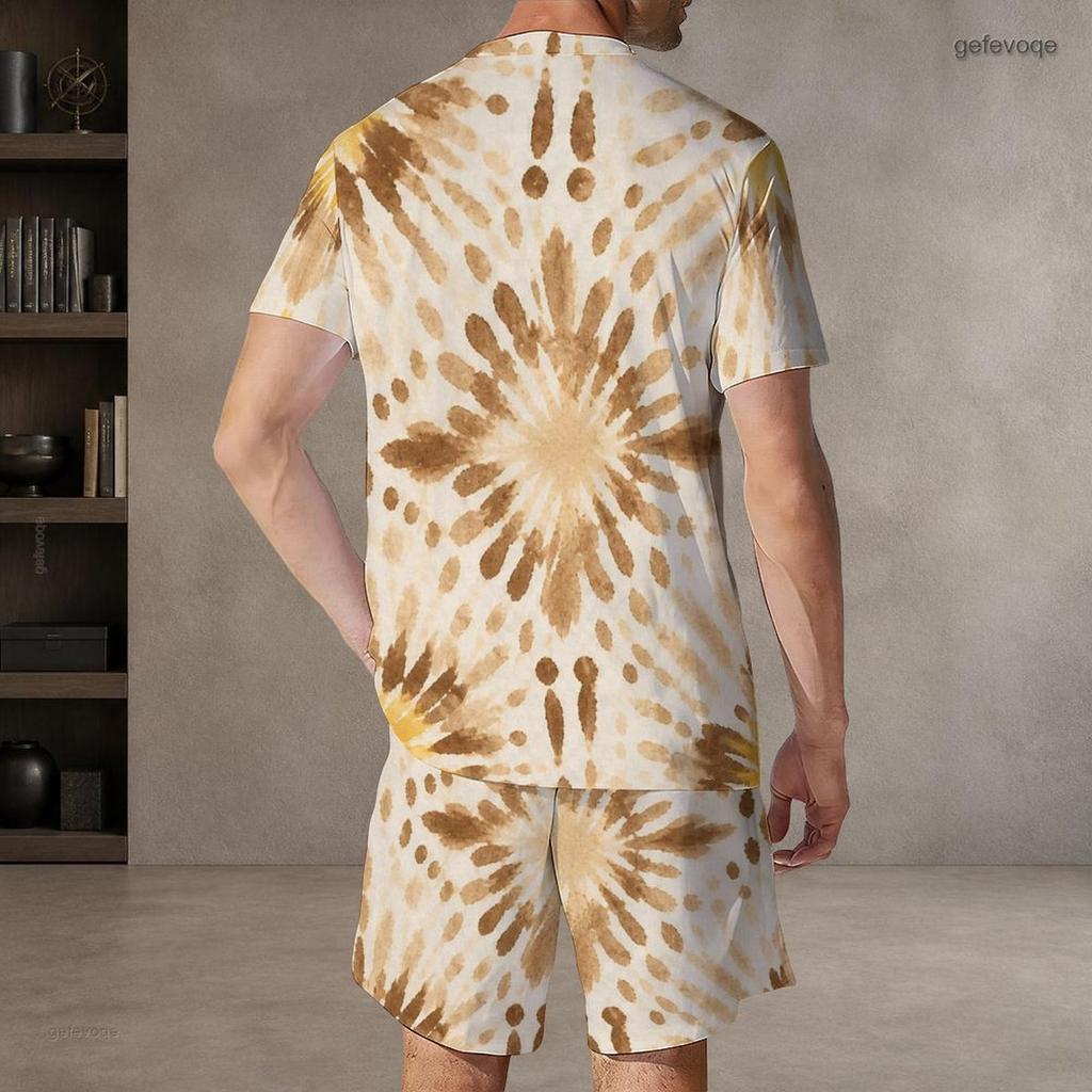 Men Plus Size Round Neck Short Sleeve Yellow Brown Red Printed Tie Dye Two Piece Shorts Set