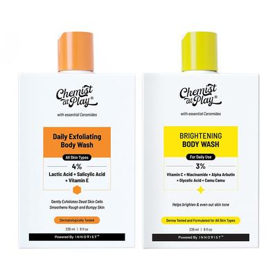 Chemist At Play Exfoliating Body Wash (236ml) + Brightening Body Wash (236ml) | With Lactic Acid, Salicylic Acid, Vitamin C, Niacinamide, Ceramides &
