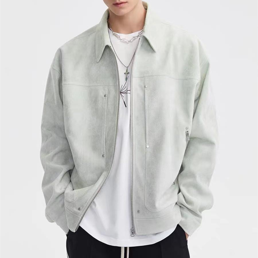

Мужская замшевая куртка на молнии — американский стиль, тренд осени/зимы 2023 г., рабочая одежда с лацканами_TOP L светло-серый