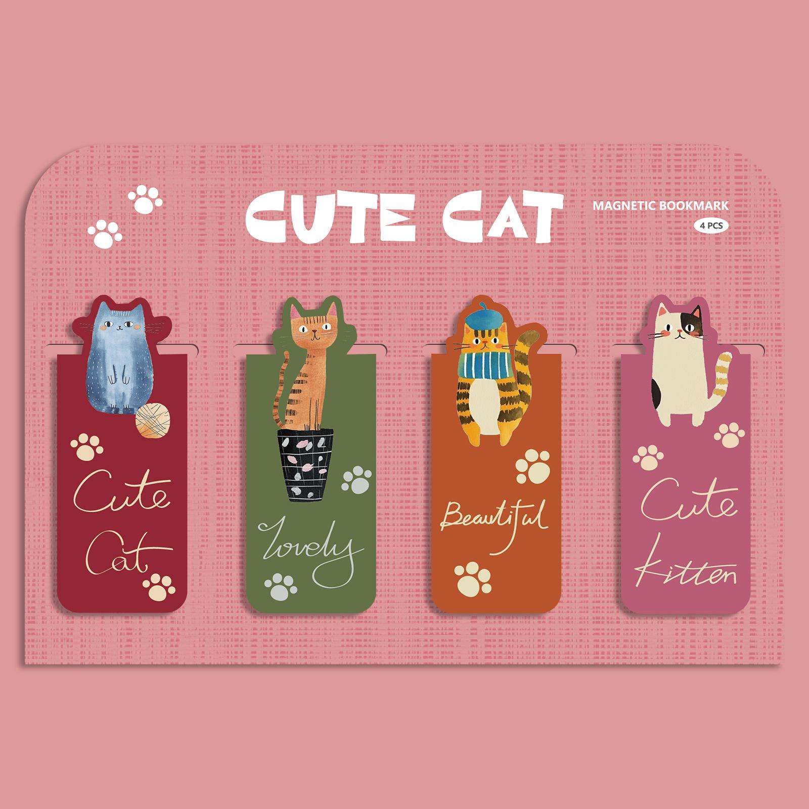 4pcs Cat World Magnetic Bookmarks Set, Cute Cat Cartoon Design Page Clips Book Marker, Unique Reading Gift Stationery A3043