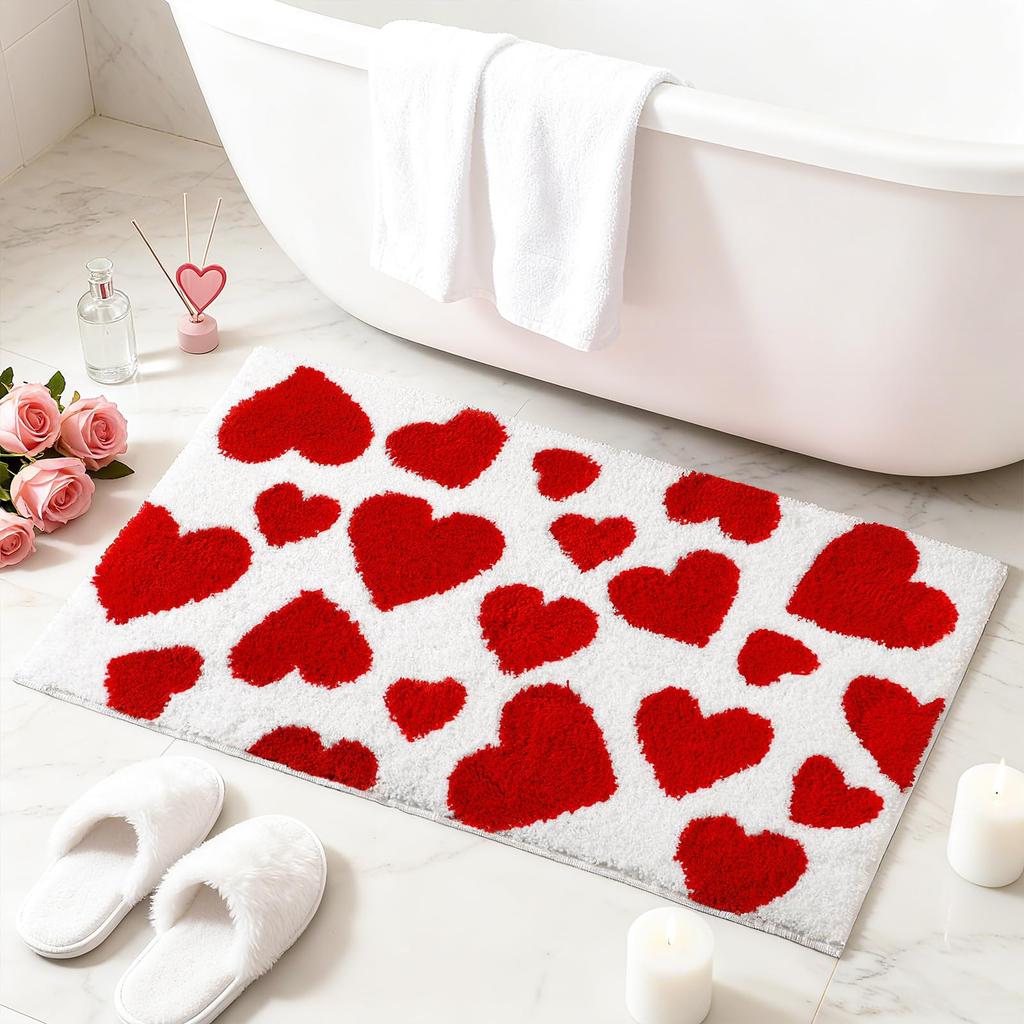 Valentines Bathroom Rug Red Pink White Love Heart XOXO Absorbent Non Slip Anniversary Wedding Floor Mat Home Decoration