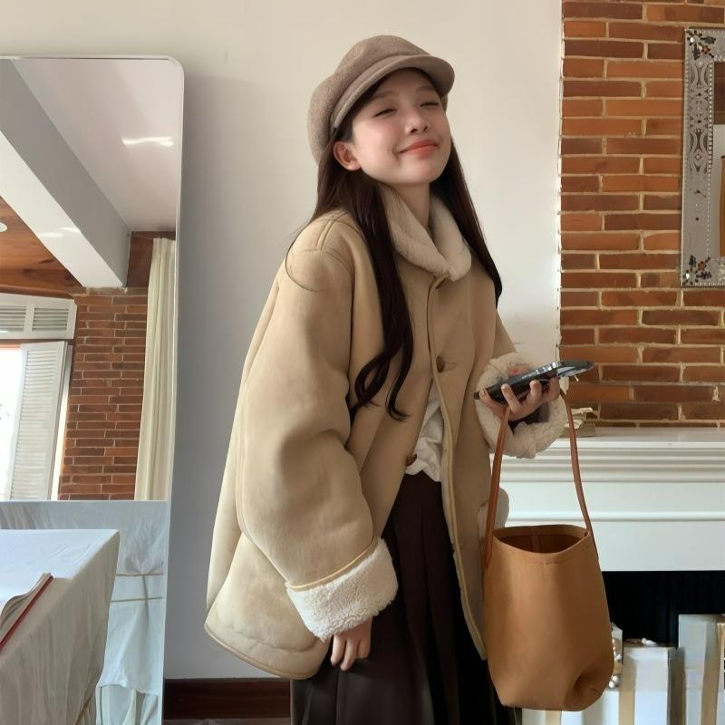 Wildleder Schulter Wollmantel Damen Winter Übergröße Fett Mm Lammwolle Steppstrick Baumwolljacke