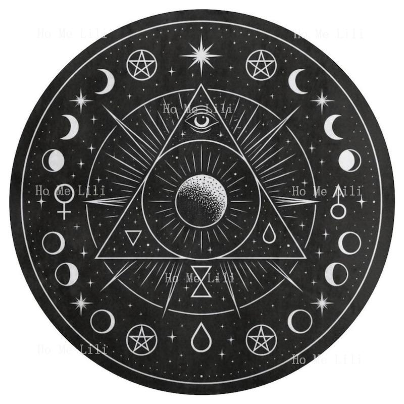 Occult Sacred Geometry Moon Carpet Gothic Celestial Mystical Eye Symbol Round Rug Floor Mat Witchy Room Accent Goth Decor