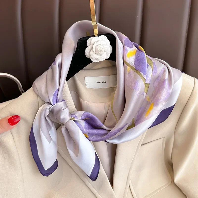 New Purple Luxury Floral Print Silk Square Scarf Women Soft Satin Hairband Hands Bag Ribbons Foulard Neckerchief Headband Hijab
