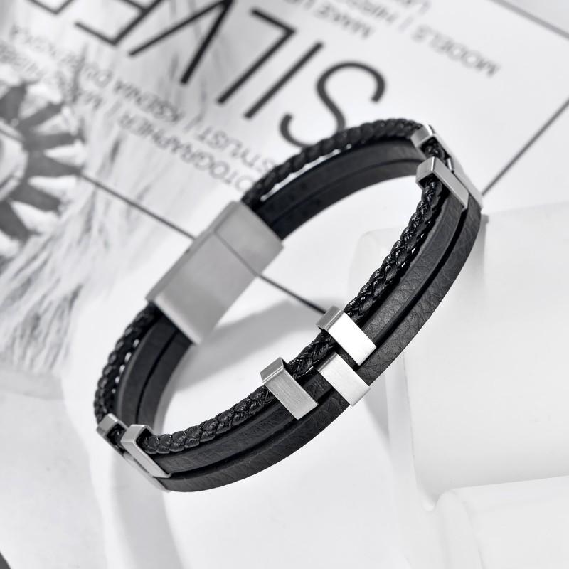 Mens Geometric Stainless Steel Braided Leather Bracelet Handmade Adjustable Cycling Accessory