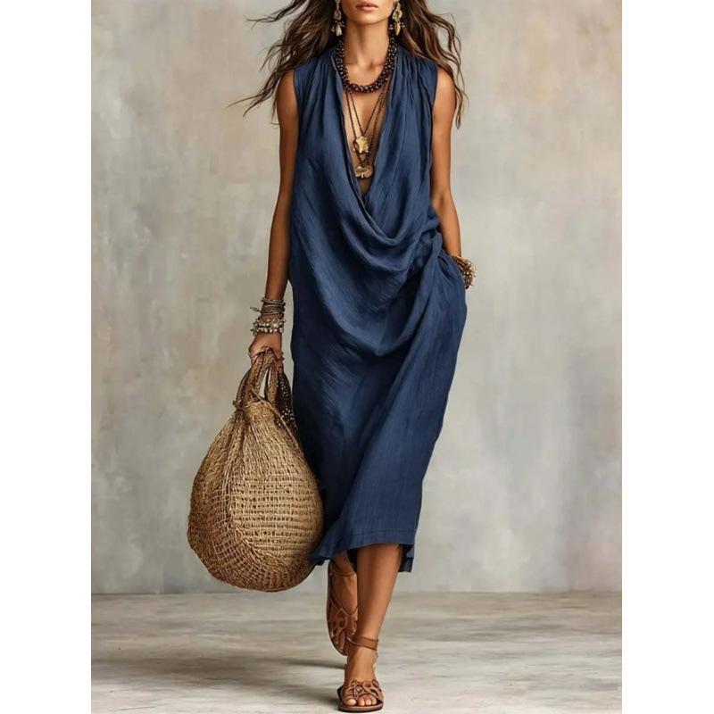 European and American new women's clothing casual sleeves loose swing collar loose holiday dress