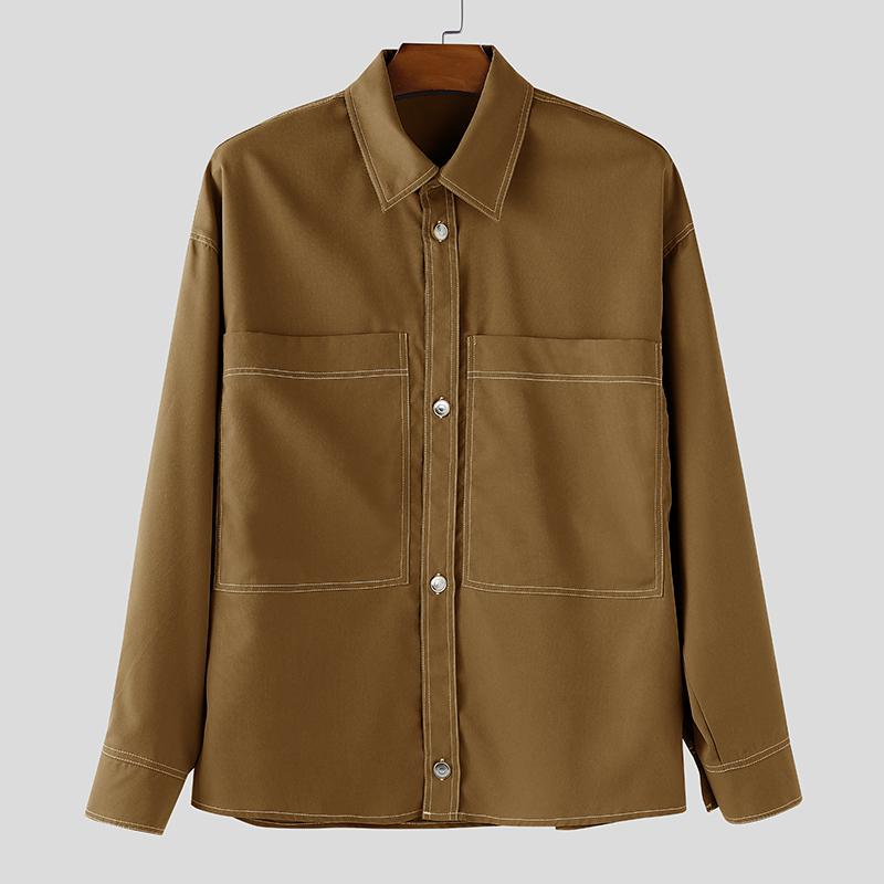 

INCERUN Oversized Men Spring Lapel Neck Stitching Long Sleeve Shirts Tops 5XL хаки