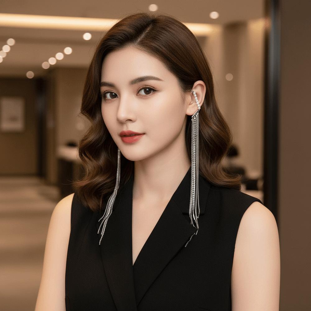 BEPAN Exaggerated Long Fringed Ear Clips Tassel Chic Rhinestones Hanging Ear Clips Minimalist Style Imitation Pearl