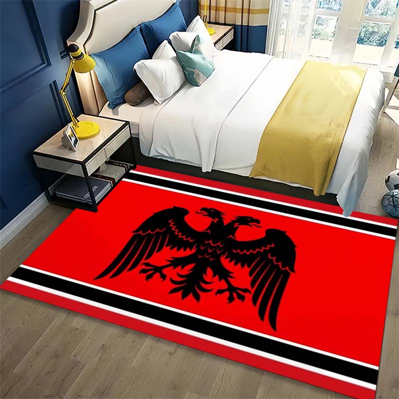 Red Background Double Headed Eagle Striped Border Print Area Rug, Non Slip Soft Floor Mat Living Room Bedroom Carpet
