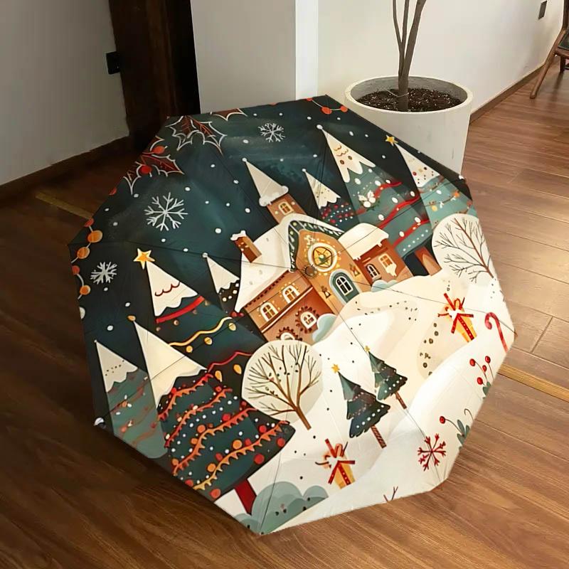 

Christmas Village Scene Automatic Opening Umbrella - Foldable Design, Iron Frame, Outdoor Use, Festive Gift for Fans, Travelers, Daily Use11