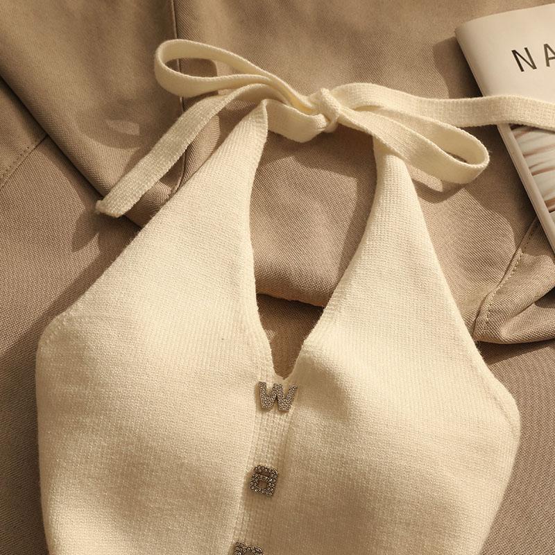 Summer Chic Hang Neck Sexy Knitted Suspender Girl Sweet Style Lace Up Backless Tops New Design Casual Fashion Camis Chic Clothing