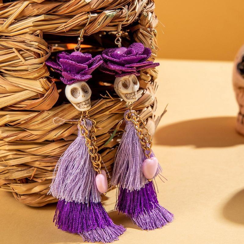 Funny Ethnic Flower Skull Drop Earrings for Women Creative Gothic Punk Long Tassel Earring Halloween Party Festival Jewelry Gift
