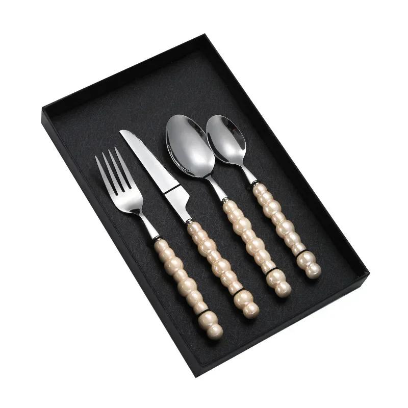 1Pcs Luxury Dinnerware Set Ceramic Pearl Handle Stainless Steel Spoon And Fork Set Western Silver Cutlery High-looking Tableware