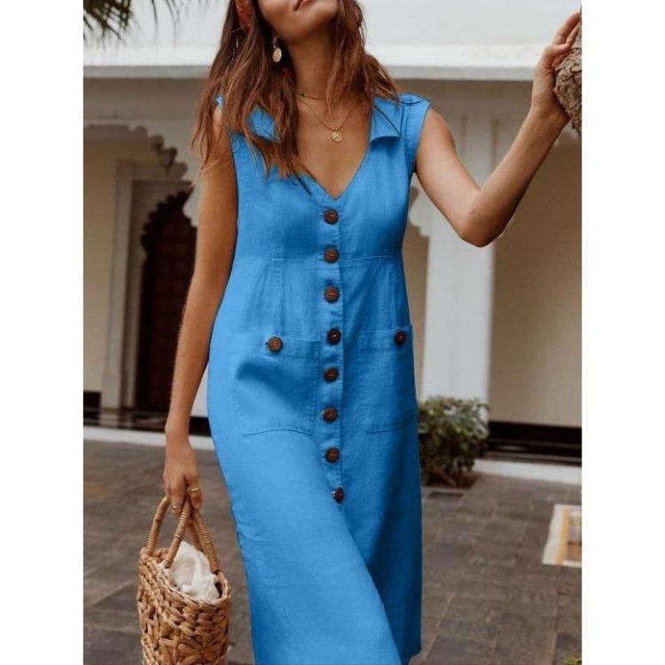 Casual Dresses - Women Loose Fit Plus Size Summer Sleeveless Dress Casual Solid Color V Neck Tunic Dress