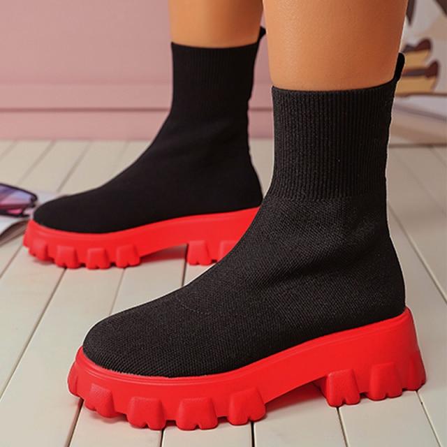 Women Boots Slip On Western Ankle Boots Platform Knitted Ladies Autumn Socks Boots Fashion Female Booties