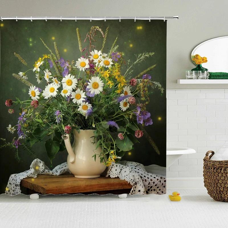 Retro European Shower Curtain ,Flowers Printed Bath Curtain Polyester Fabric Western Style Home Bath Decor Curtains With Hooks