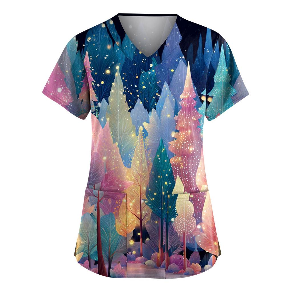 Women's Fashion V-Neck Short-Sleeved Workwear With Pockets Christmas Print Top Caregiver Uniform