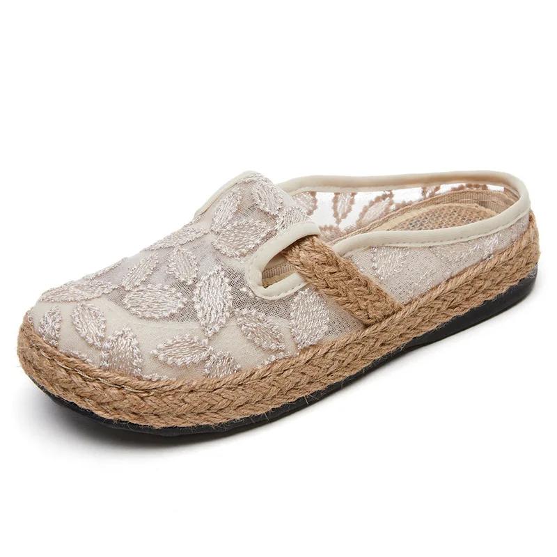 Módní nové 2024 módní etnický styl výšivky lněné prodyšné boty pro ženy venkovní ležérní dámské poloviční pantofle Zapatos De Mujer