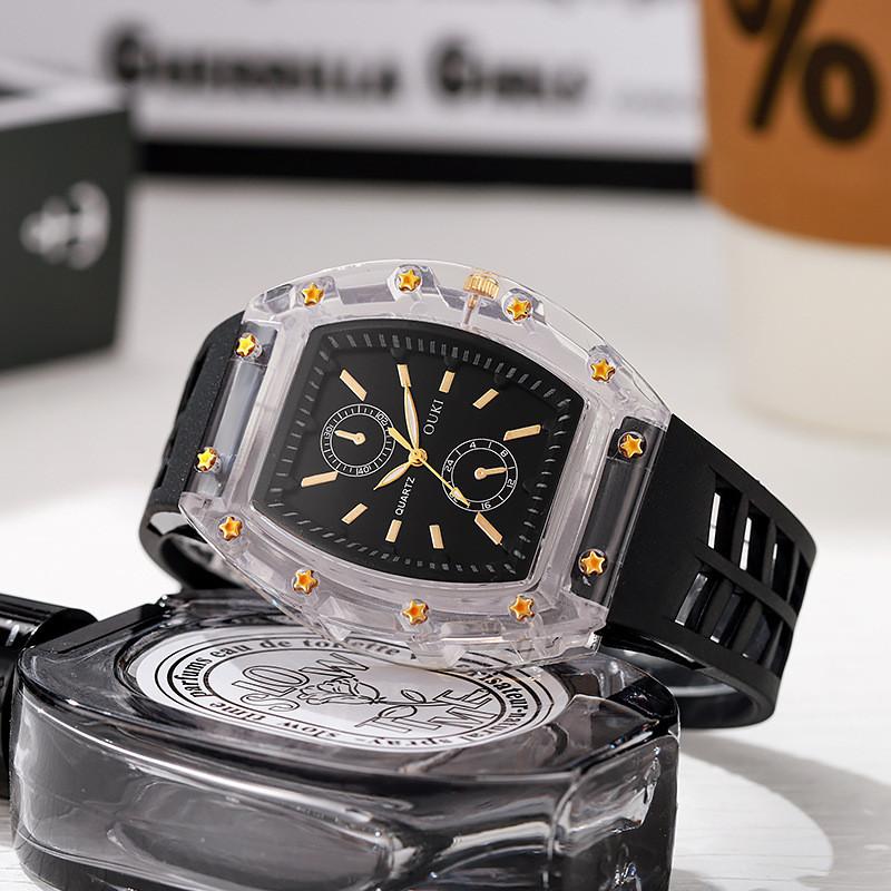 Transparent Barrel Shape Watch With Quartz Movement Casual Mens Silicone Strap For Daily Wear